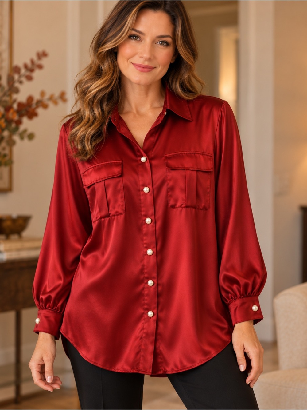 Slim Factor Rich Ruby Red Silky Satin Pearl Button Tunic Blouse L